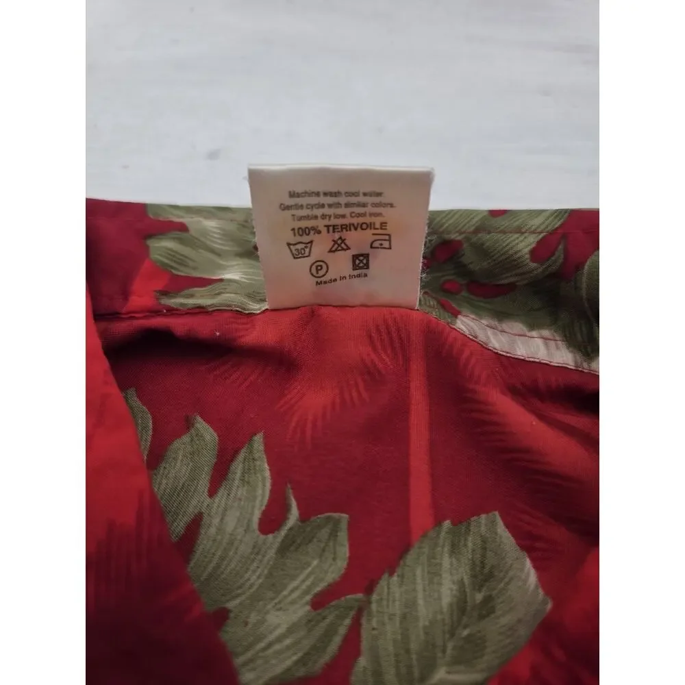 Rima Mens XL Button Up Hawaiian Shirt Red Floral Palms Short Sleeve Aloha
